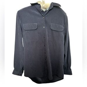 LT by Liz Thomas Vintage Shoulder Pad Button-Up Shirt Blouse Navy Blue Suede 80s